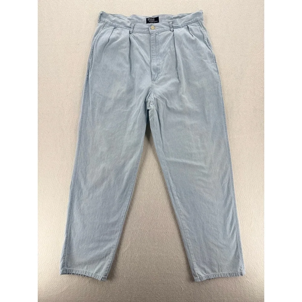 Polo Ralph Lauren - VTG Pleated Cotton Trousers - Light Blue - 34/32 - Mens